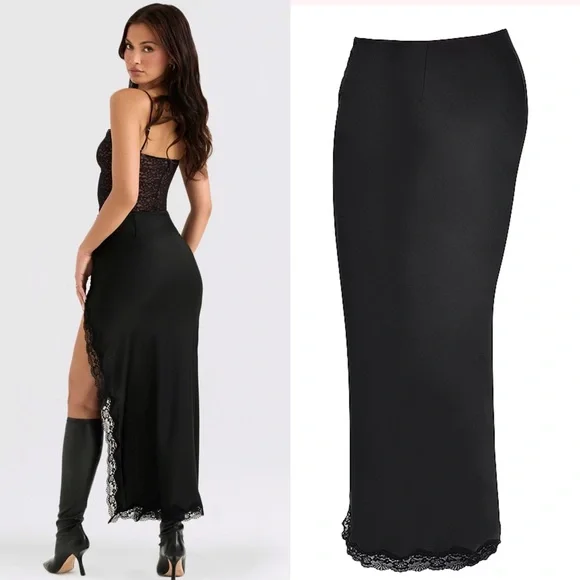 ❤️‍🔥Firm Price❤️‍🔥House of CB RUBY Black Satin Lace Trim Midi Skirt - Picture 2 of 15